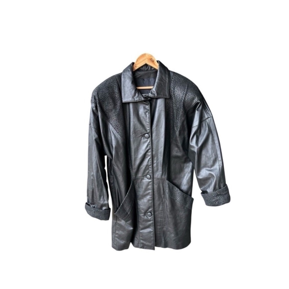 Comint Vintage Jacket Black Leather Trench Coat Textured Accents 90s Size Large
